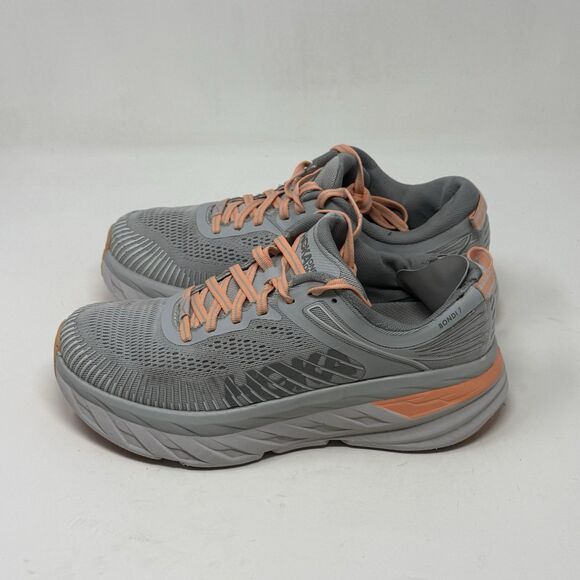 Hoka One One Bondi 7 Womens 7.5 Gray Orange Lightweight Running Shoes Sneakers - Picture 4 of 16